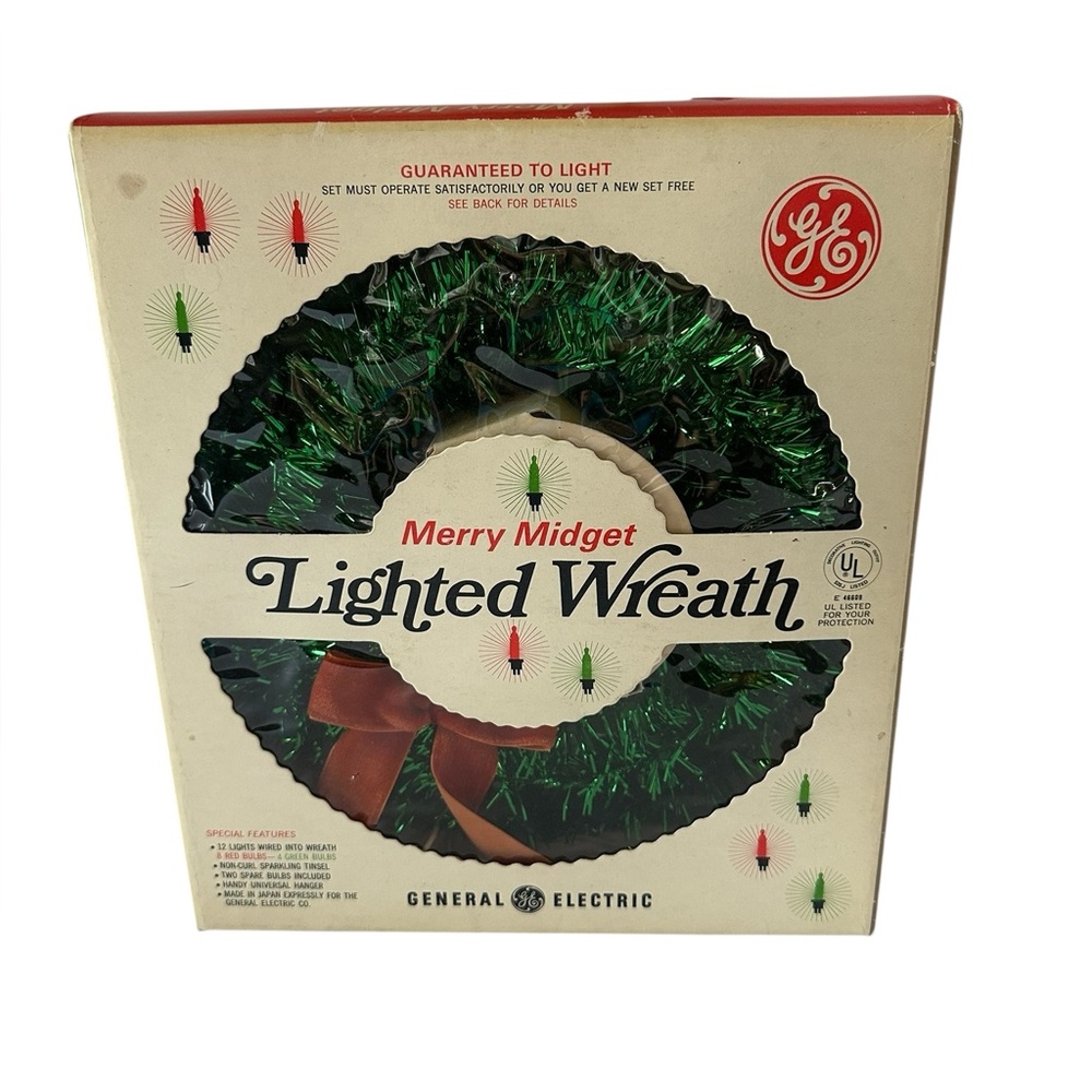 Vintage MCM Green and Red Lighted Holiday Tinsel Wreath